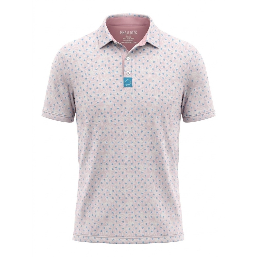 Pins & Aces Mens Pink Blue Palm Tree Golf Performance Polo Shirt Medium 01164